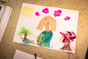 Artystyczne Ferie - tydzień I - Na zdjęciu przedstawione są dzieci uczestniczące w warsztatach plastycznych, skupione na malowaniu i rysowaniu. Widoczne są również osoby prowadzące, które instruują i inspirują młodych uczestników, zachęcając ich do twórczej ekspresji