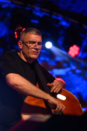 Jazzowa jesień w TCK: Piotr Wyleżoł Trio - Sławomir Kurkiewicz grający na kontrabasie podczas koncertu Piotr Wyleżoł Trio