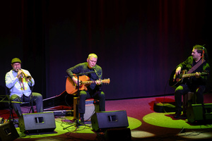 Koncert: Adam Nowak i Akustyk Amigos - Artyści na scenie (od lewej): Jarek Treliński, Tomasz Nowak, Adam Nowak, Karim Martusewicz. Widok z balkonu kina.